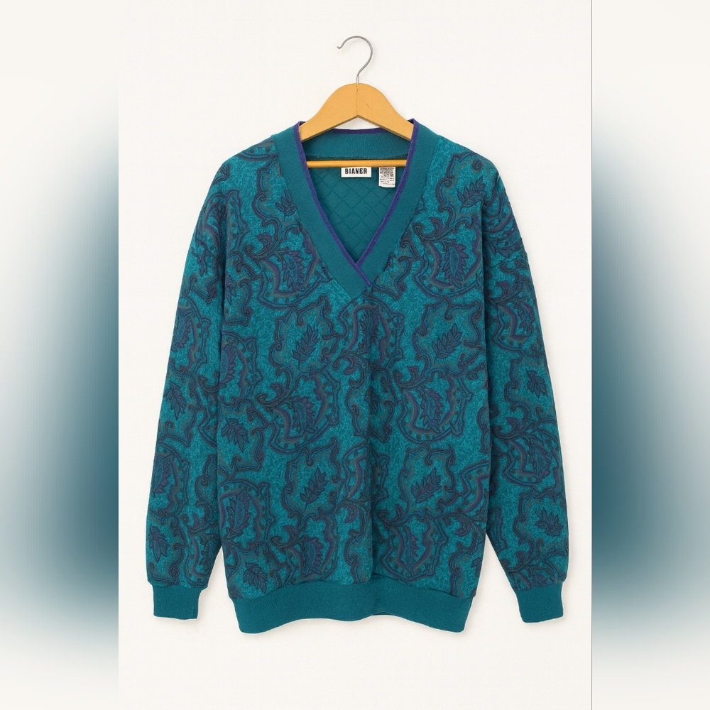 Vintage 80s Gitano Quilted Paisley Sweater (Teal & Purple)